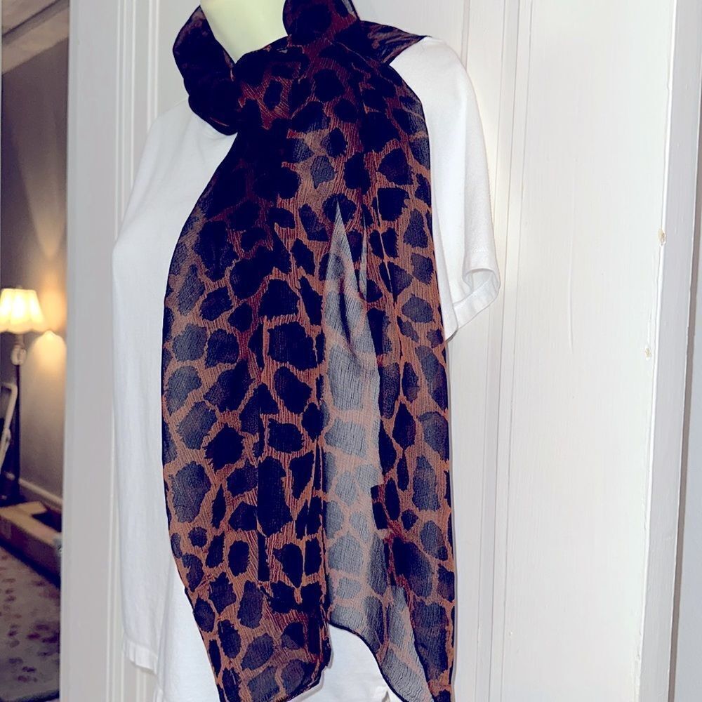 Vintage A. Brod black & orange rayon animal print long semi sheer scarf